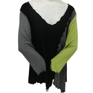 Sondra Sardis Color Block Lagenlook Art-to-Wear V-Neck Shirt Size M Knit Green